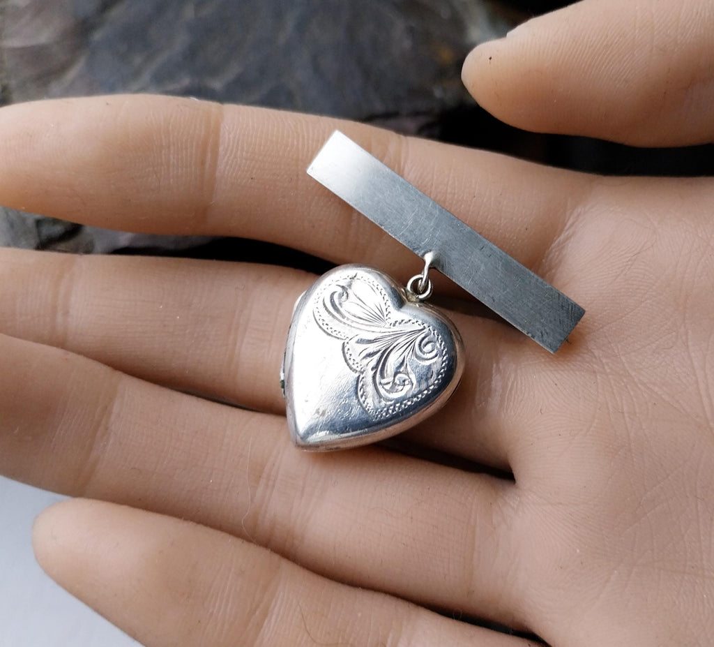 Antique Locket Brooch, Sweetheart Pin, Sterling Silver - 7g