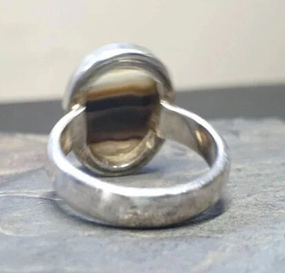 Vintage SILVER BANDED AGATE Ring - Landscape Agate - Size uk O (us 7) - 7.5g