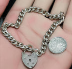 Vintage SILVER LINK BRACELET with 1885 3 Pence Coin Charm 17cm - 19.1g