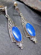Sterling Silver Art Deco EARRINGS Blue Gemstone & Marcasite - 5.9g