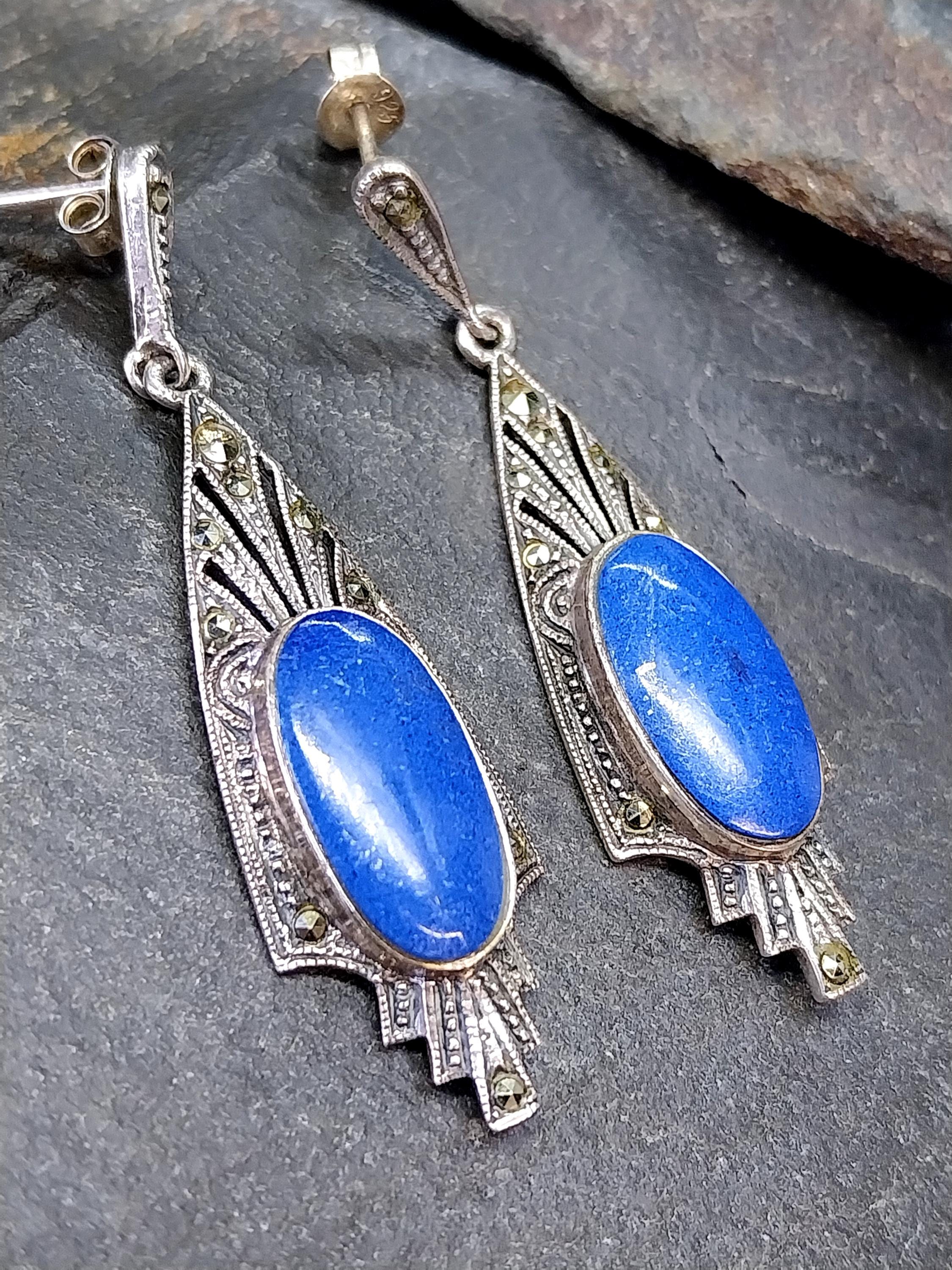 Sterling Silver Art Deco EARRINGS Blue Gemstone & Marcasite - 5.9g
