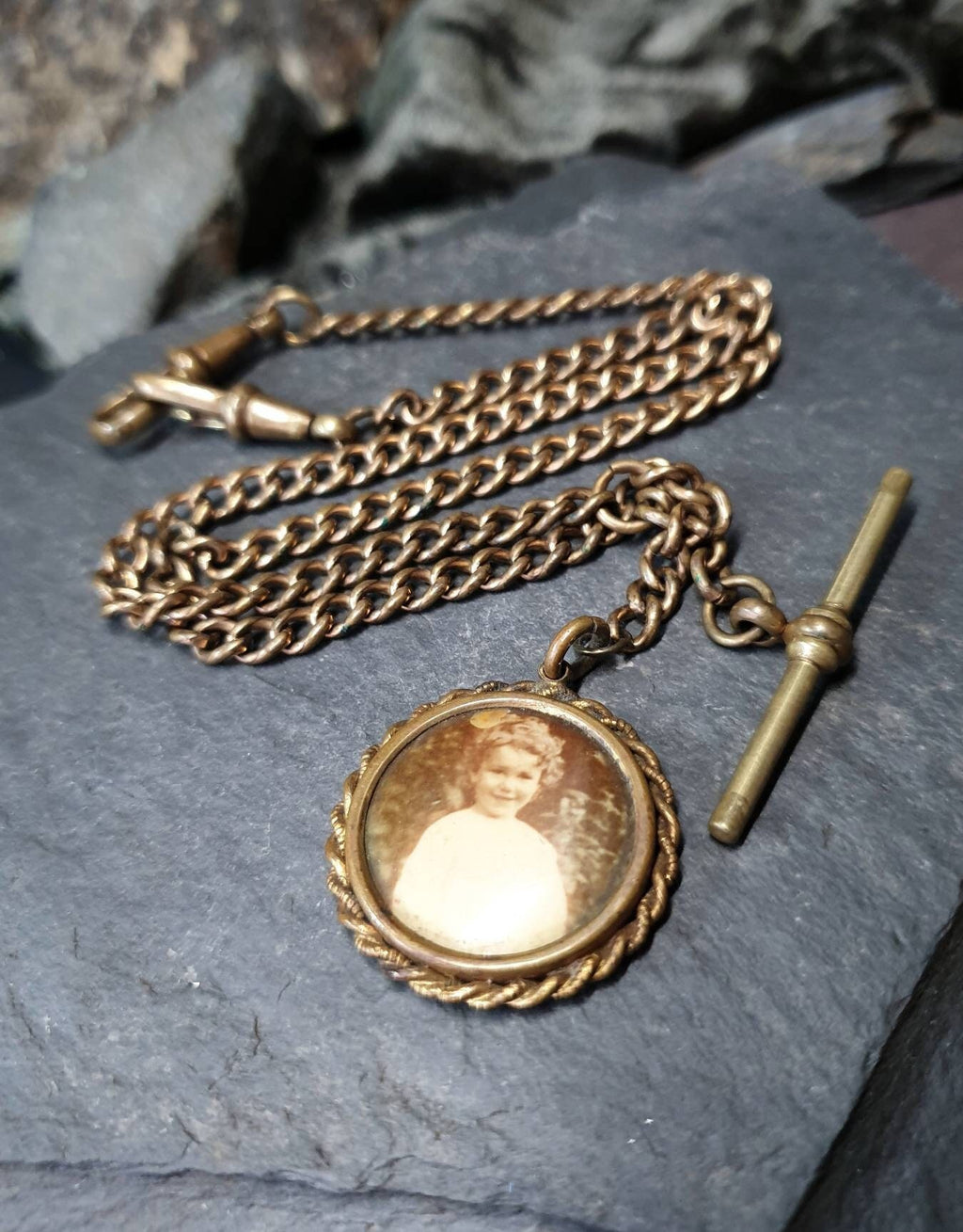 Antique Dog Clip Chain with Photo Locket Fob and T Bar - Pinchbeck 16"  - 25.9g