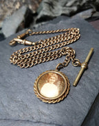 Antique Dog Clip Chain with Photo Locket Fob and T Bar - Pinchbeck 16"  - 25.9g
