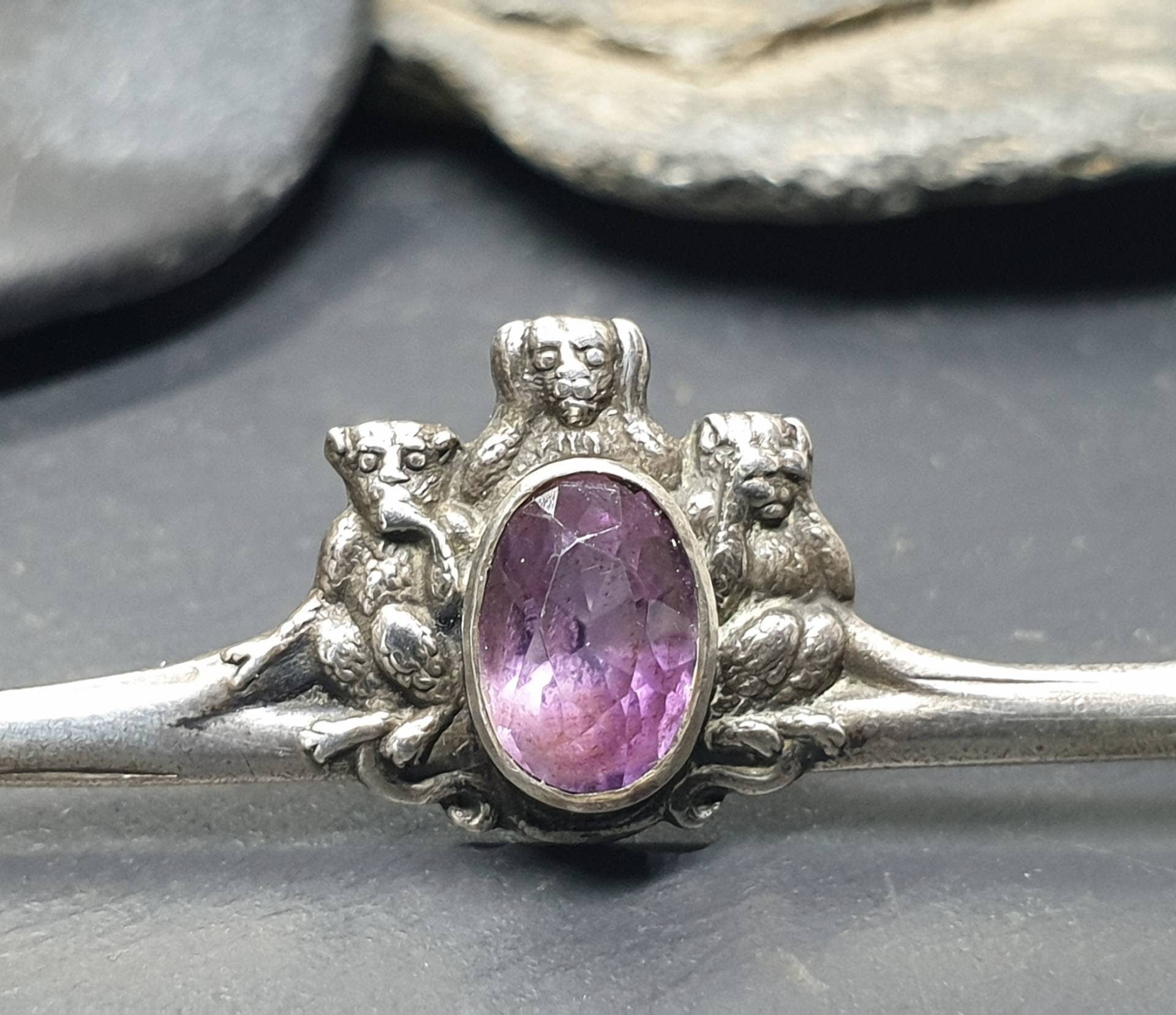 VICTORIAN AMETHYST BROOCH - Three Wise Monkeys Pin - Antique Silver