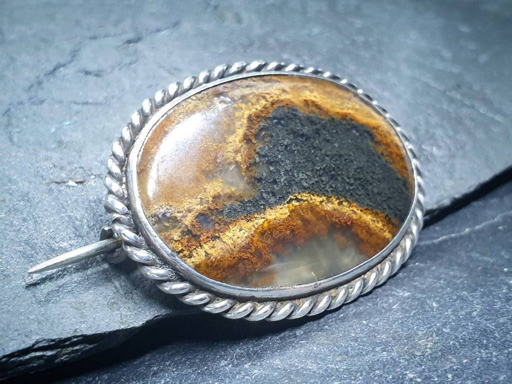 Antique Silver Moss Agate Landscape Brooch - Victorian Sterling Silver - 5.3g