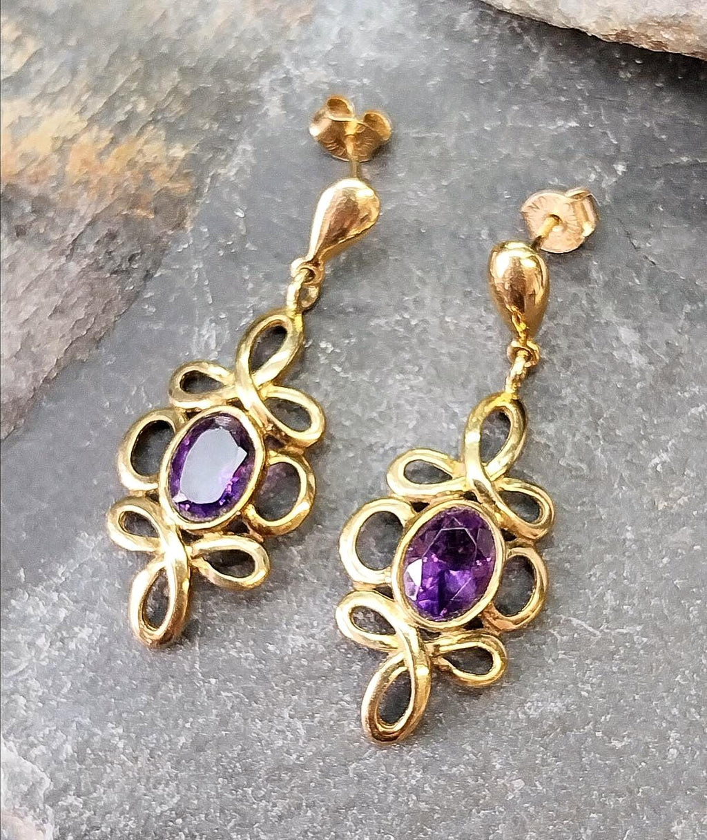 Vintage 9ct Gold Amethyst DROP EARRINGS - Hallmarked - 4g