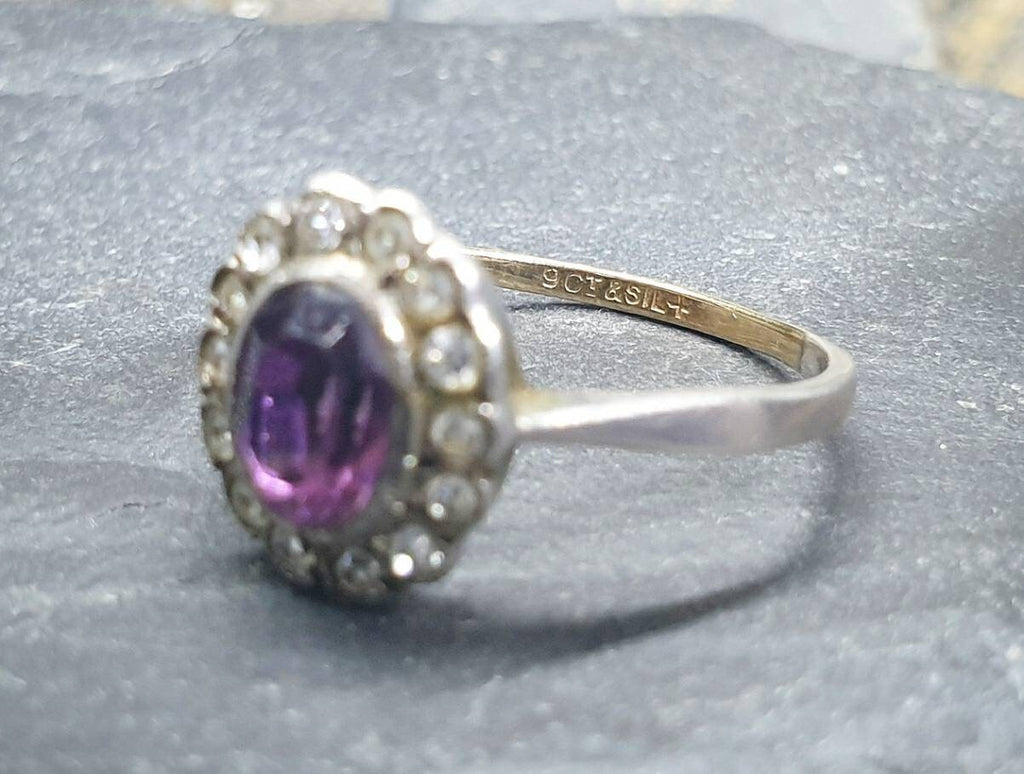 Vintage 9ct Gold & Silver Amethyst Ring - Art Deco with paste stones - Size uk U (us 10) - 2.6g
