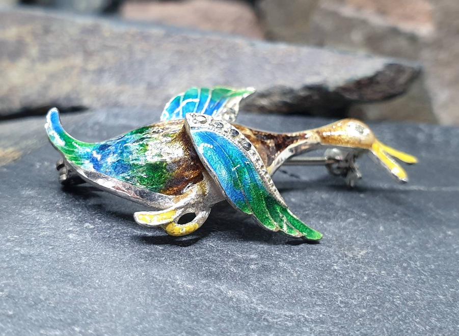 Vintage Silver and Enamel Flying Duck BROOCH - Retro, Kitsch - 4.8g