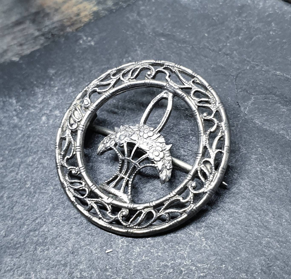 VICTORIAN Solid Silver BROOCH - Basket of Flowers - 2.6g