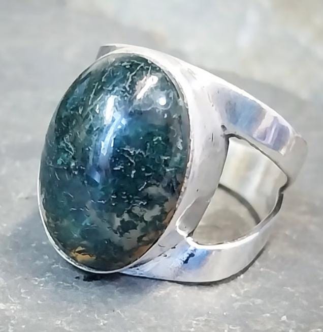 Vintage SILVER Moss Agate RING Magnus Maximus Designs Edinburgh - uk size R (us 8.5) - 7.1g