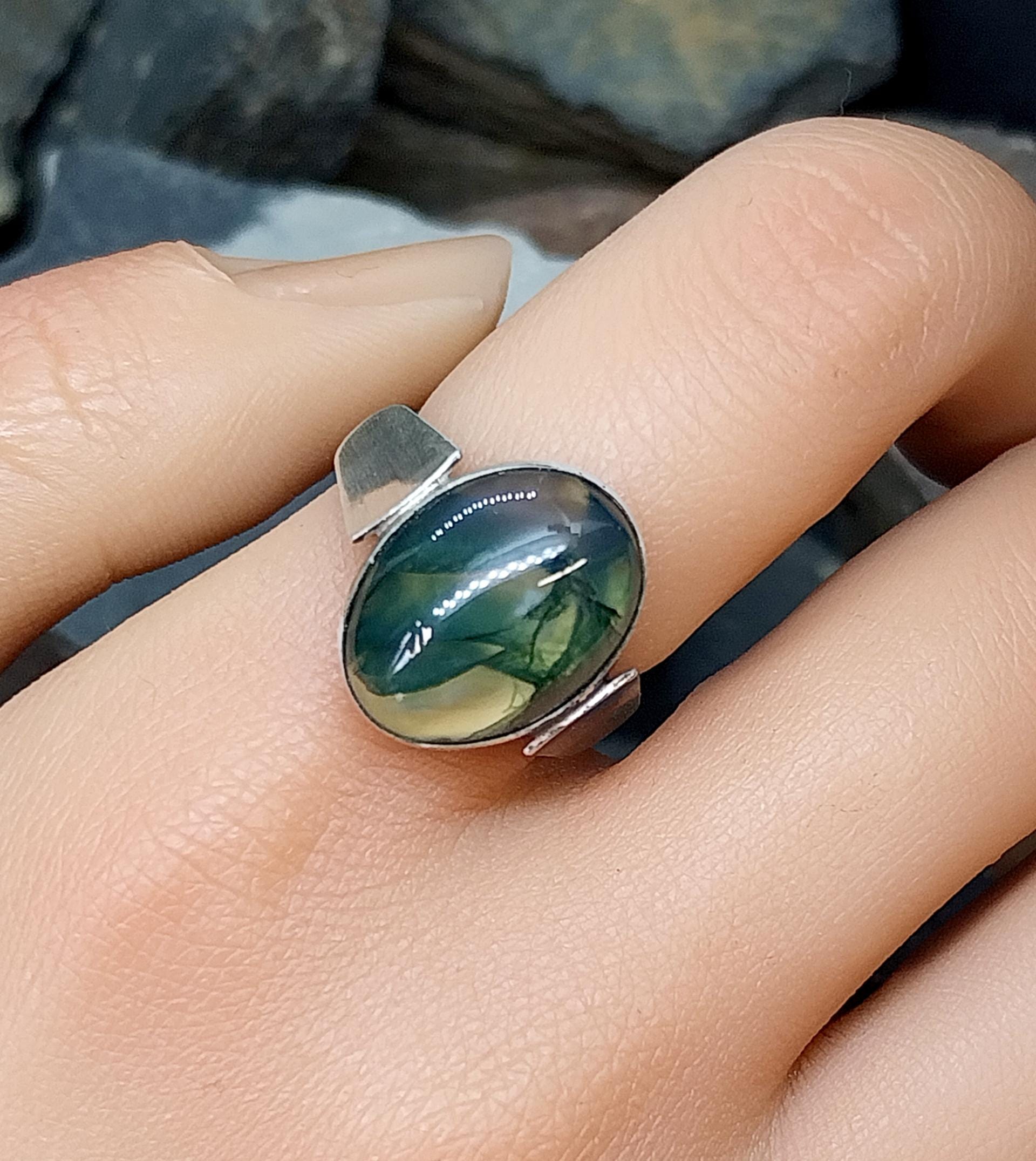 Vintage SILVER Moss Agate RING Dendritic Stone - adjustable size 0 (us 7) - 5.9g