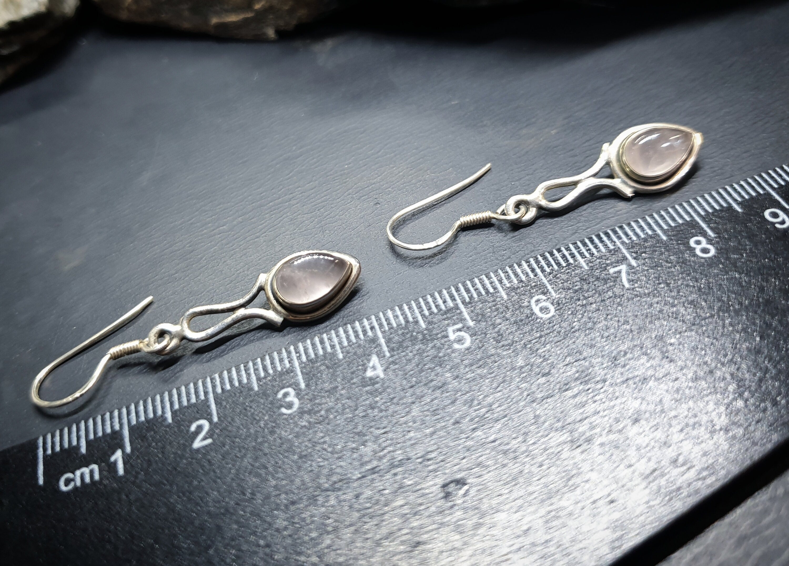 Vintage Sterling Silver Rose Quartz EARRINGS - Long Dangling  - 3.5g