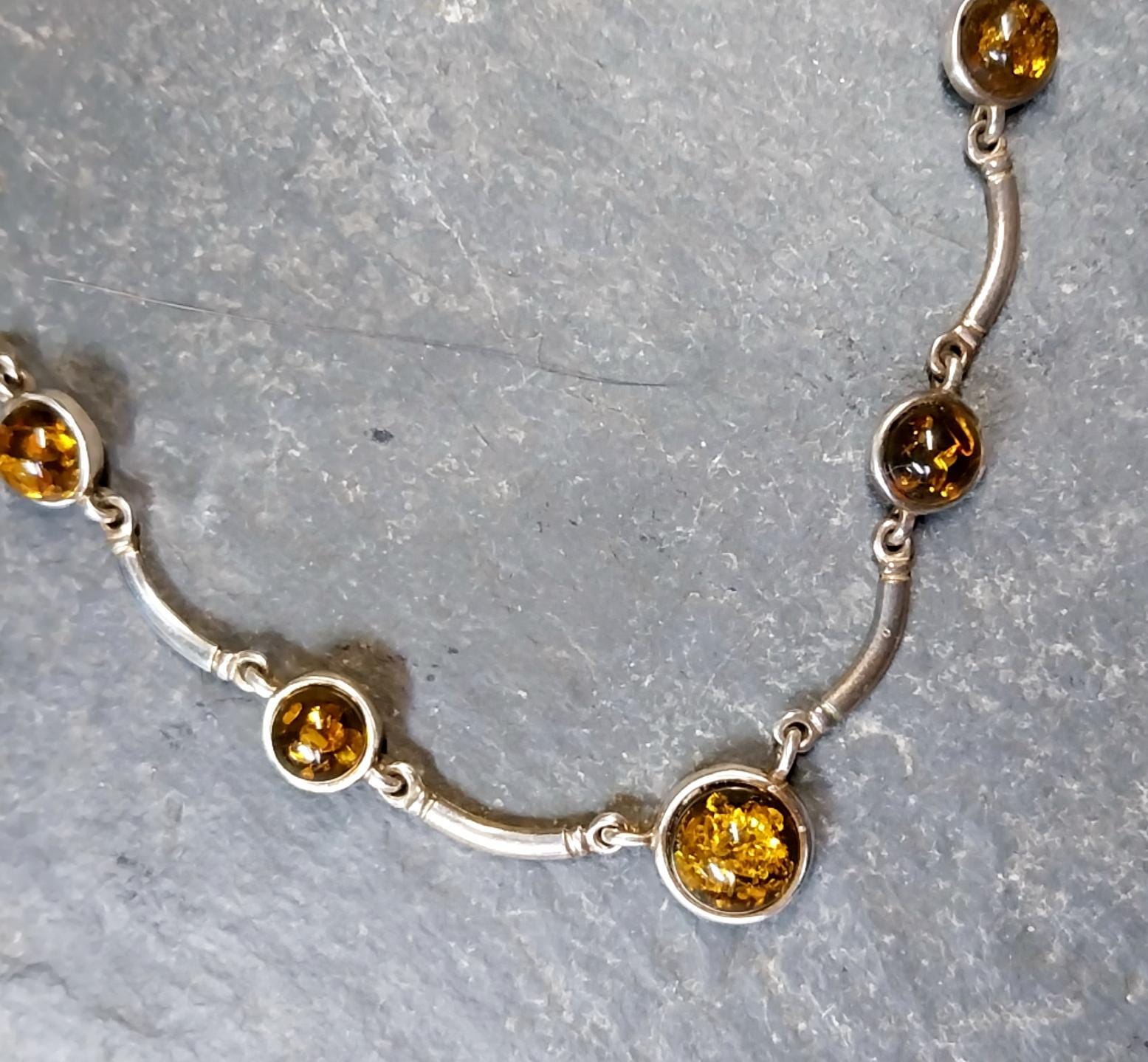 Vintage Sterling Silver Amber Chain Necklace 17" Length - 7g