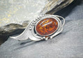 Vintage SILVER AMBER Brooch - Abstract Leaf Art Nouveau Style - 4.2g