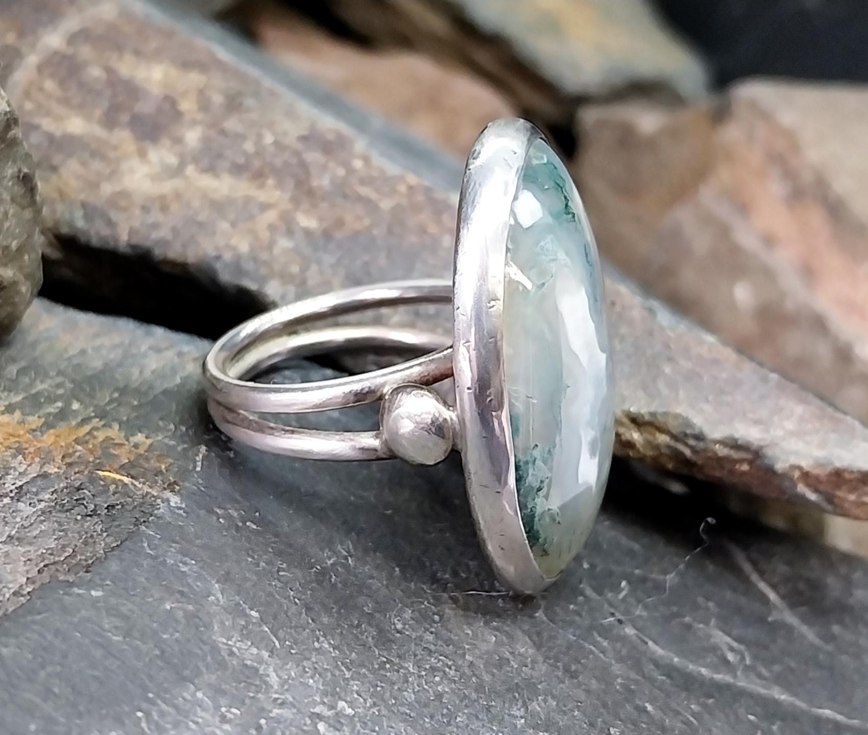Large Sterling SILVER Moss Agate RING Dendritic Stone - size 0 1/2 (us 7.5) - 12.3g