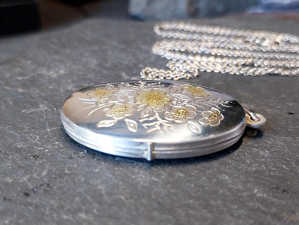 Vintage LOCKET - Sterling Silver Oval with Gold Flowers on 18" Chain - 7.1g