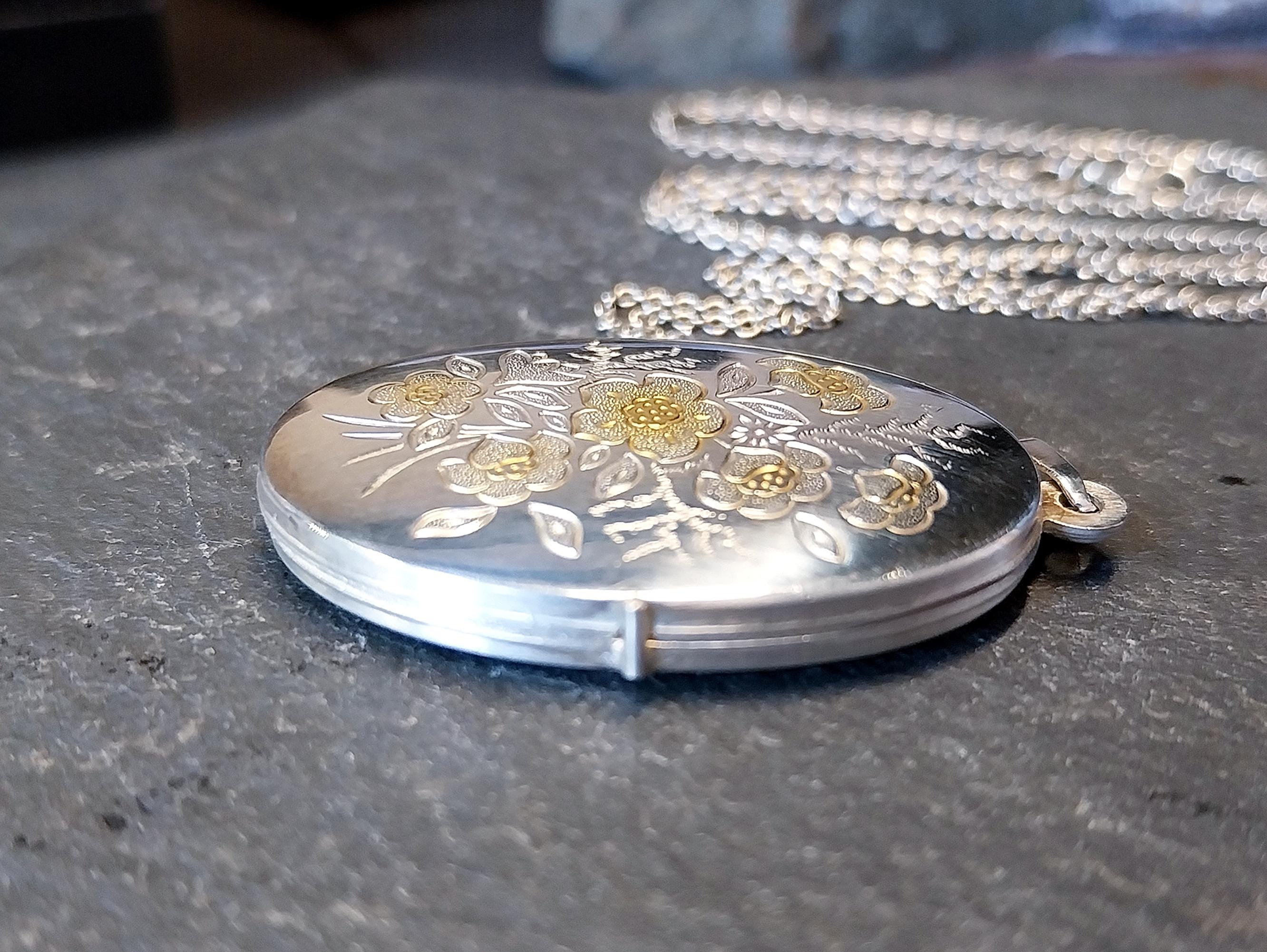 Vintage LOCKET - Sterling Silver Oval with Gold Flowers on 18" Chain - 7.1g