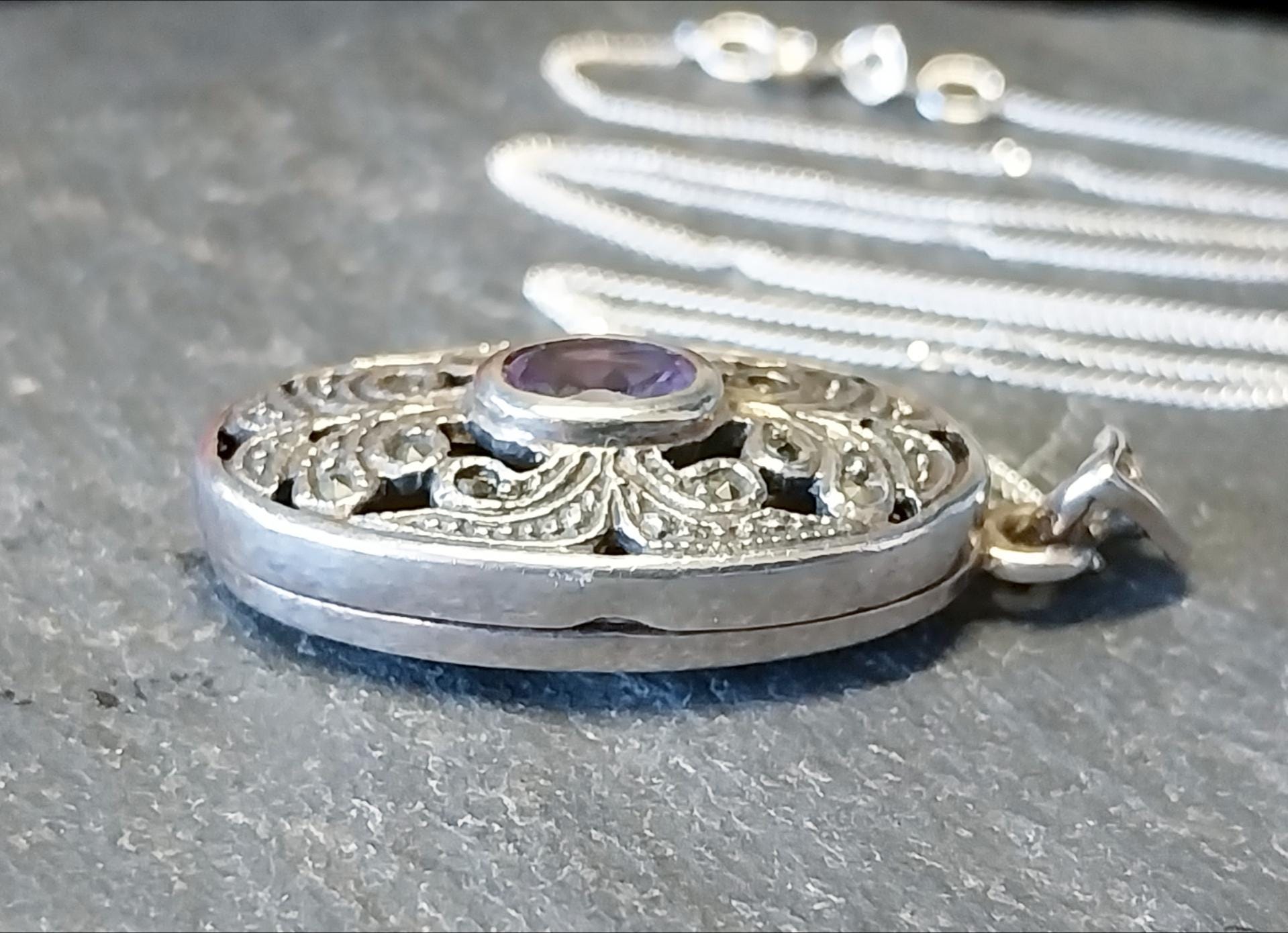 Vintage STERLING SILVER LOCKET with Amethyst Gemstone on 18" Chain - 11.1g