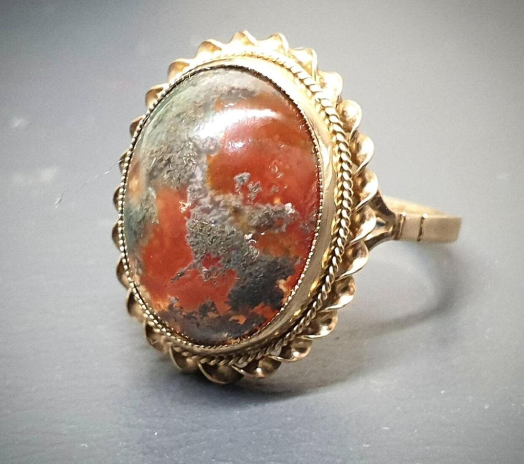 Vintage 9ct Gold MOSS AGATE Ring - Dendritic - Size uk N 1/2 (us 7) - 3.7g