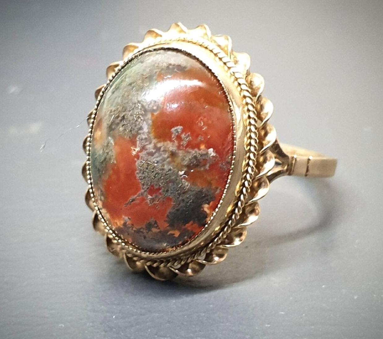 Vintage 9ct Gold MOSS AGATE Ring - Dendritic - Size uk N 1/2 (us 7) - 3.7g