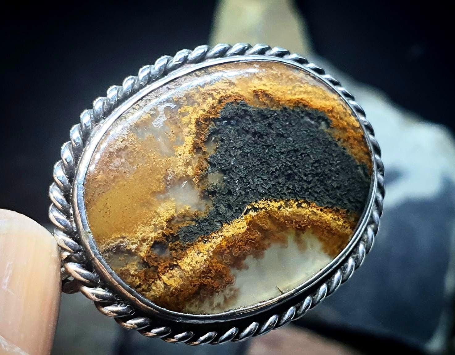Antique Silver Moss Agate Landscape Brooch - Victorian Sterling Silver - 5.3g