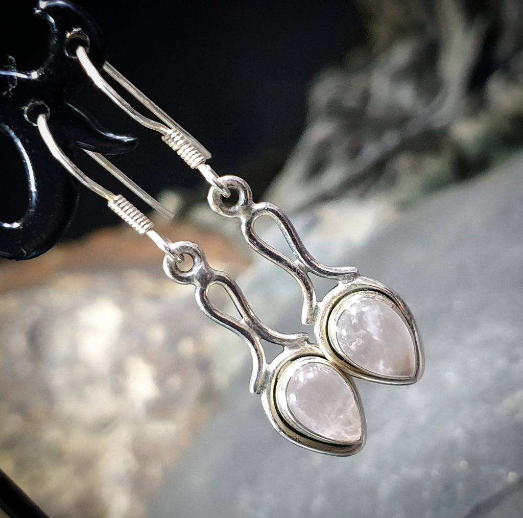Vintage Sterling Silver Rose Quartz EARRINGS - Long Dangling  - 3.5g