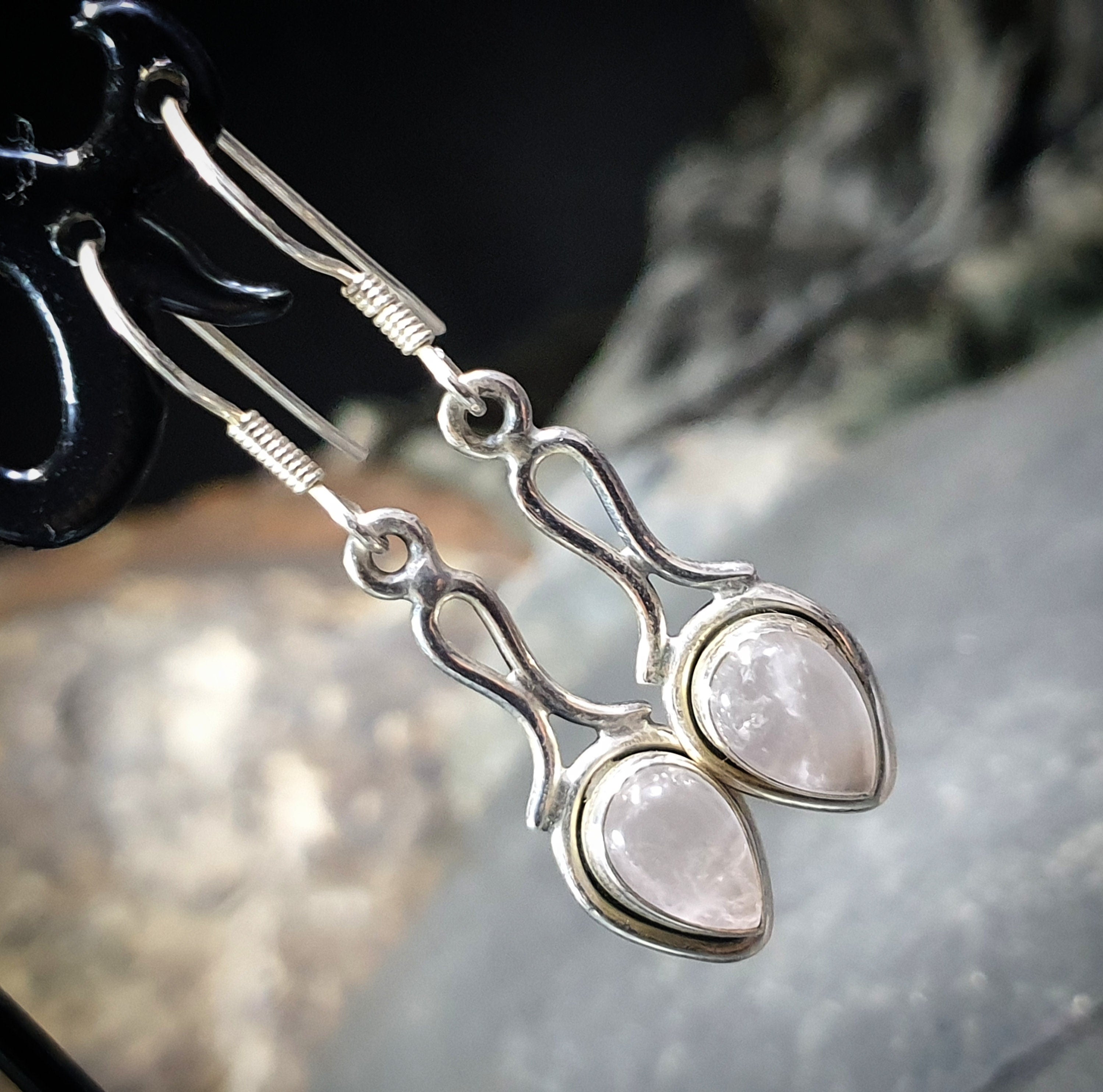 Vintage Sterling Silver Rose Quartz EARRINGS - Long Dangling  - 3.5g