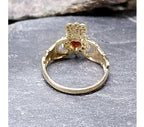 9ct GOLD CLADDAGH Ring with Red Garnet GemStones - Size uk L (5.5) - 2.1g