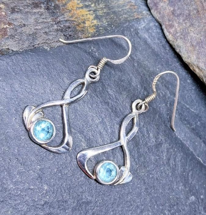 CELTIC Sterling Silver Earrings - with Blue Topaz GemStone - 4g