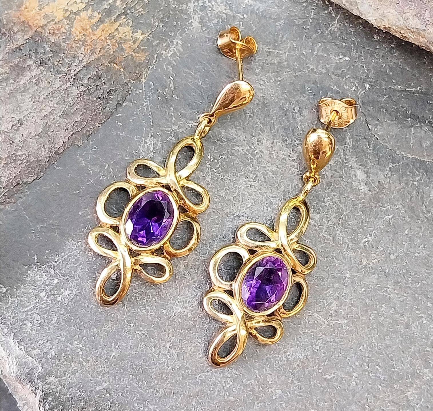 Vintage 9ct Gold Amethyst DROP EARRINGS - Hallmarked - 4g