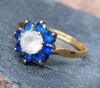 Vintage 9ct GOLD Ring - Blue Flower Cluster - UK Size P (us 7.5) - 1.7g