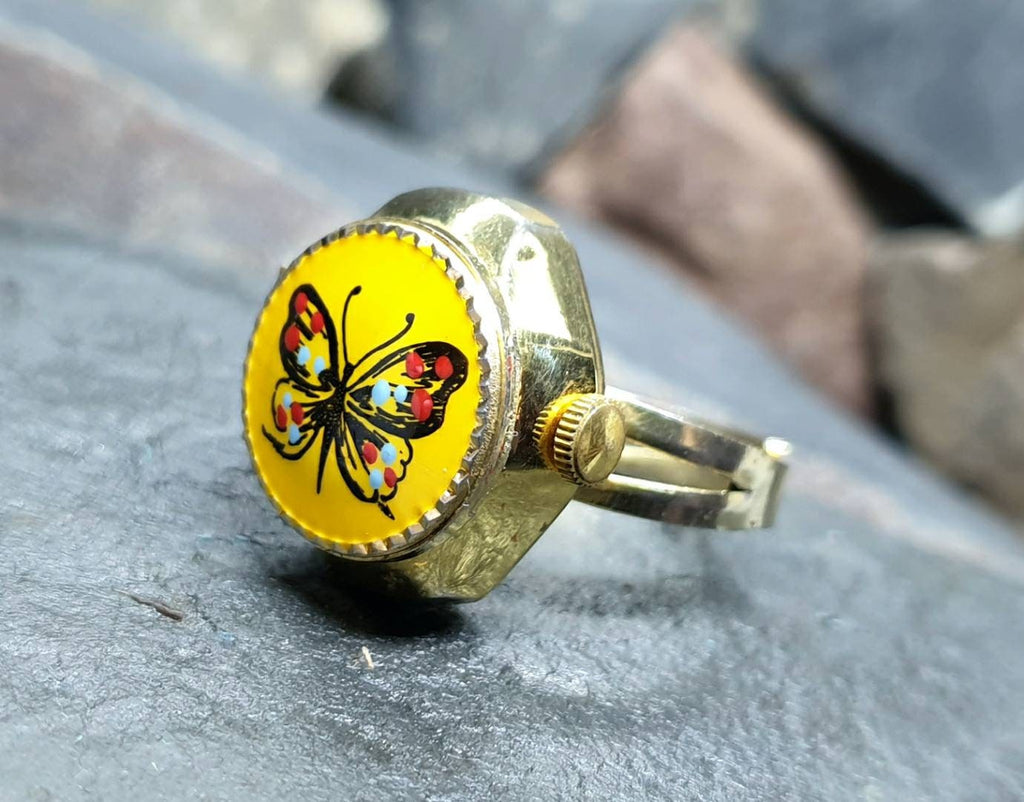 Vintage LOCKET WATCH RING - Butterfly Swissam Gold Plated - Size Adjustable - 12.1g