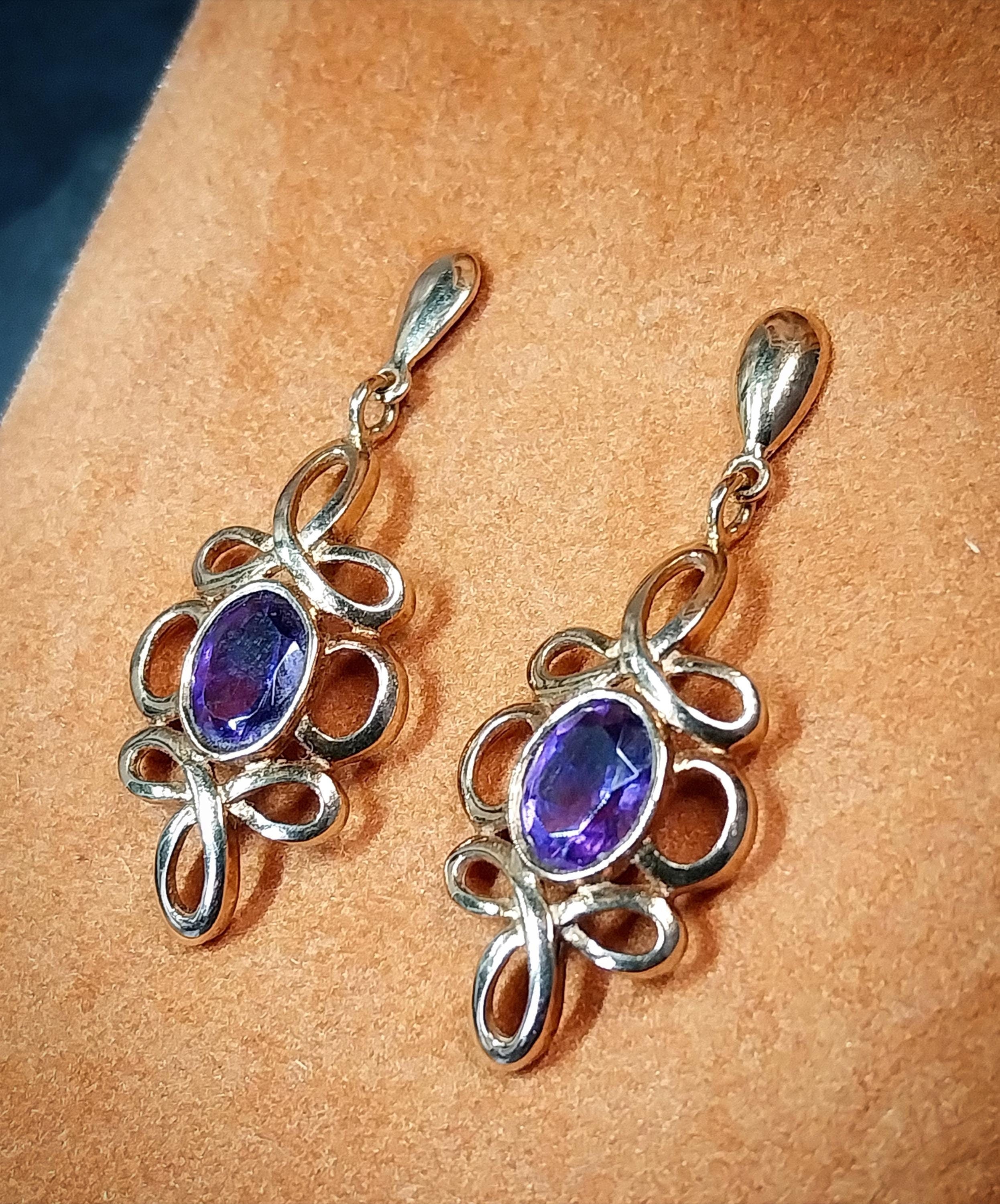 Vintage 9ct Gold Amethyst DROP EARRINGS - Hallmarked - 4g