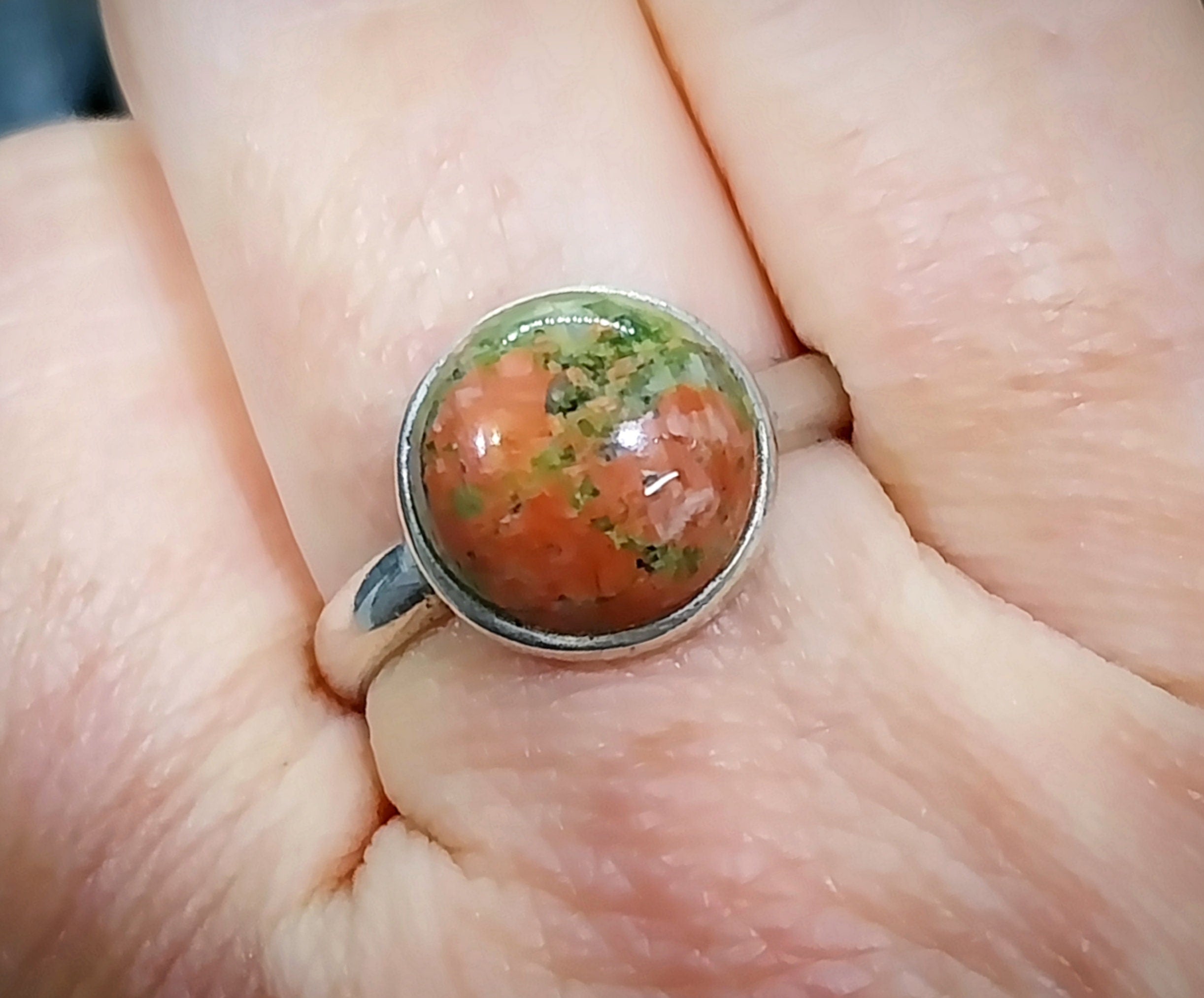 Vintage Sterling SILVER Mottled MOSS AGATE Ring - Size uk Q (us 8) - 3.1g