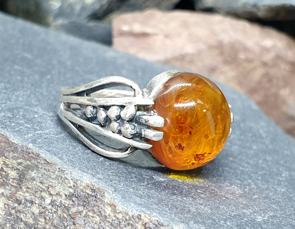 Vintage Baltic AMBER Sterling Silver Ring - uk size M (6) - 5.6g