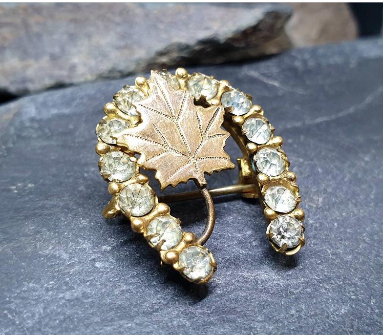 Antique HORSESHOE BROOCH - 9ct Gold Maple Leaf with Paste Stones 3.5g