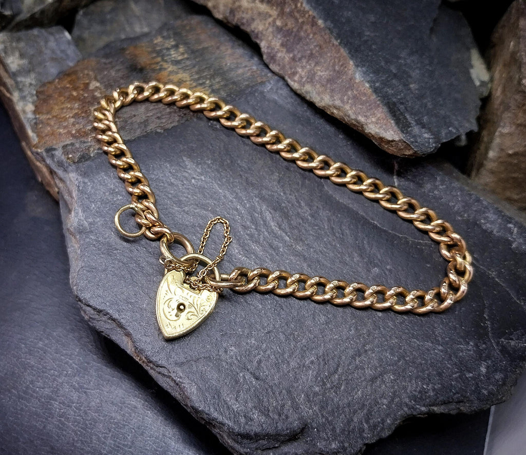 Georg Jensen 9ct Rose GOLD Bracelet & Engraved Heart Padlock Clasp c1966 - 19.4g