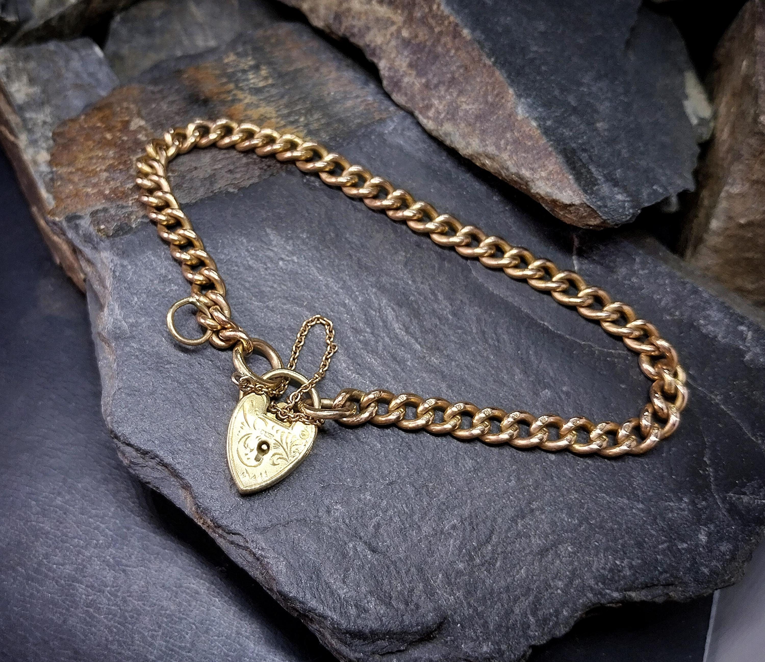Georg Jensen 9ct Rose GOLD Bracelet & Engraved Heart Padlock Clasp c1966 - 19.4g