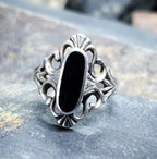 SILVER ONYX RING - Jet Black Stone - Size uk M ( usa 6.5) - 3.2g