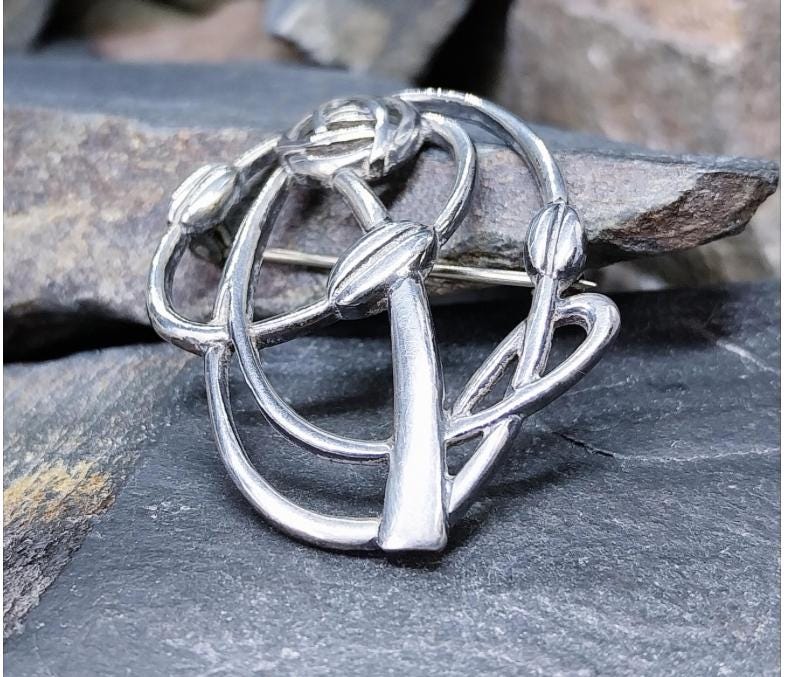 Large Sterling Silver Mackintosh Rose and Cecily Leaf Art Nouveau Brooch - 9g