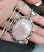 Vtg Large Sterling Silver ROSE QUARTZ  Pendant Necklace on 16" Chain - 21.2g