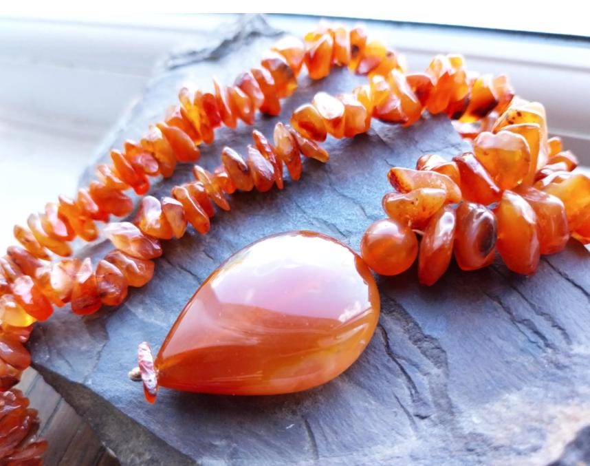 Vintage Large Carnelian Drop Necklace - Long 24" - with Sterling Silver Clasp