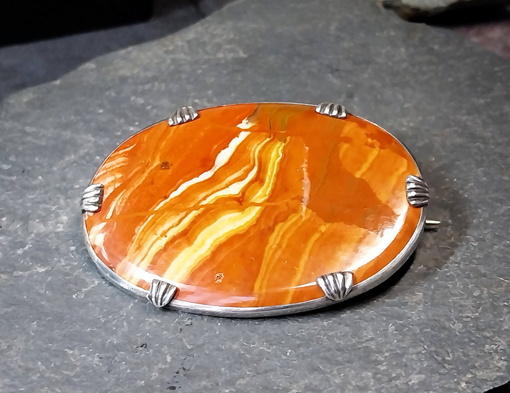 Large Antique Silver Bright Orange Landscape Agate Brooch - 14.9g