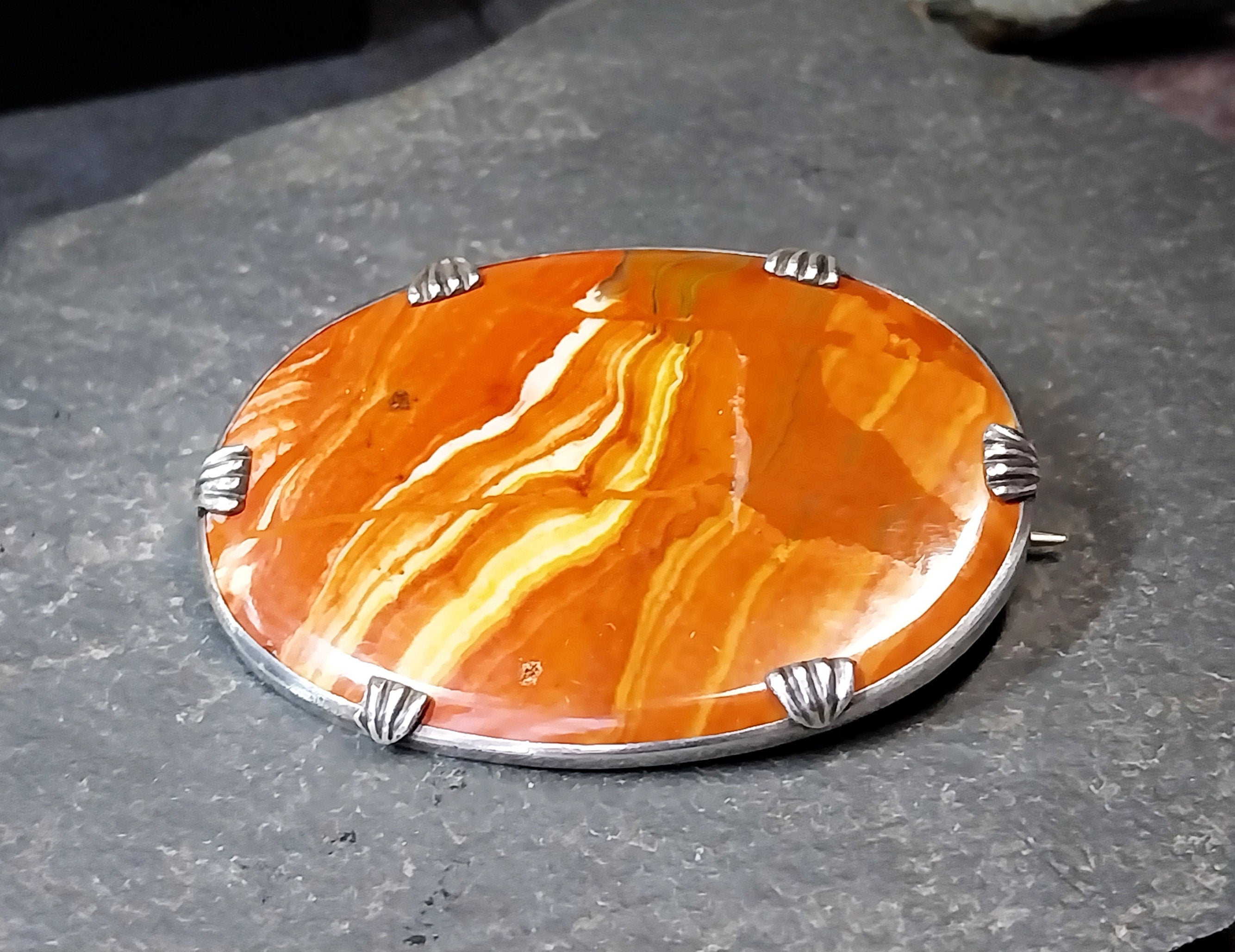 Large Antique Silver Bright Orange Landscape Agate Brooch - 14.9g