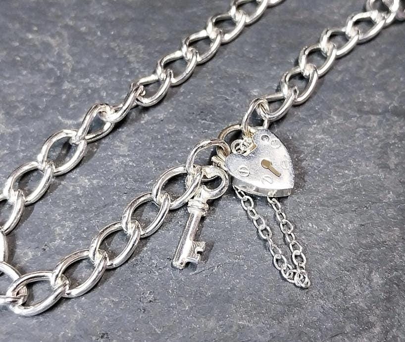 Vintage SILVER LINK BRACELET with Lock and Key - 16cm - 8.8g