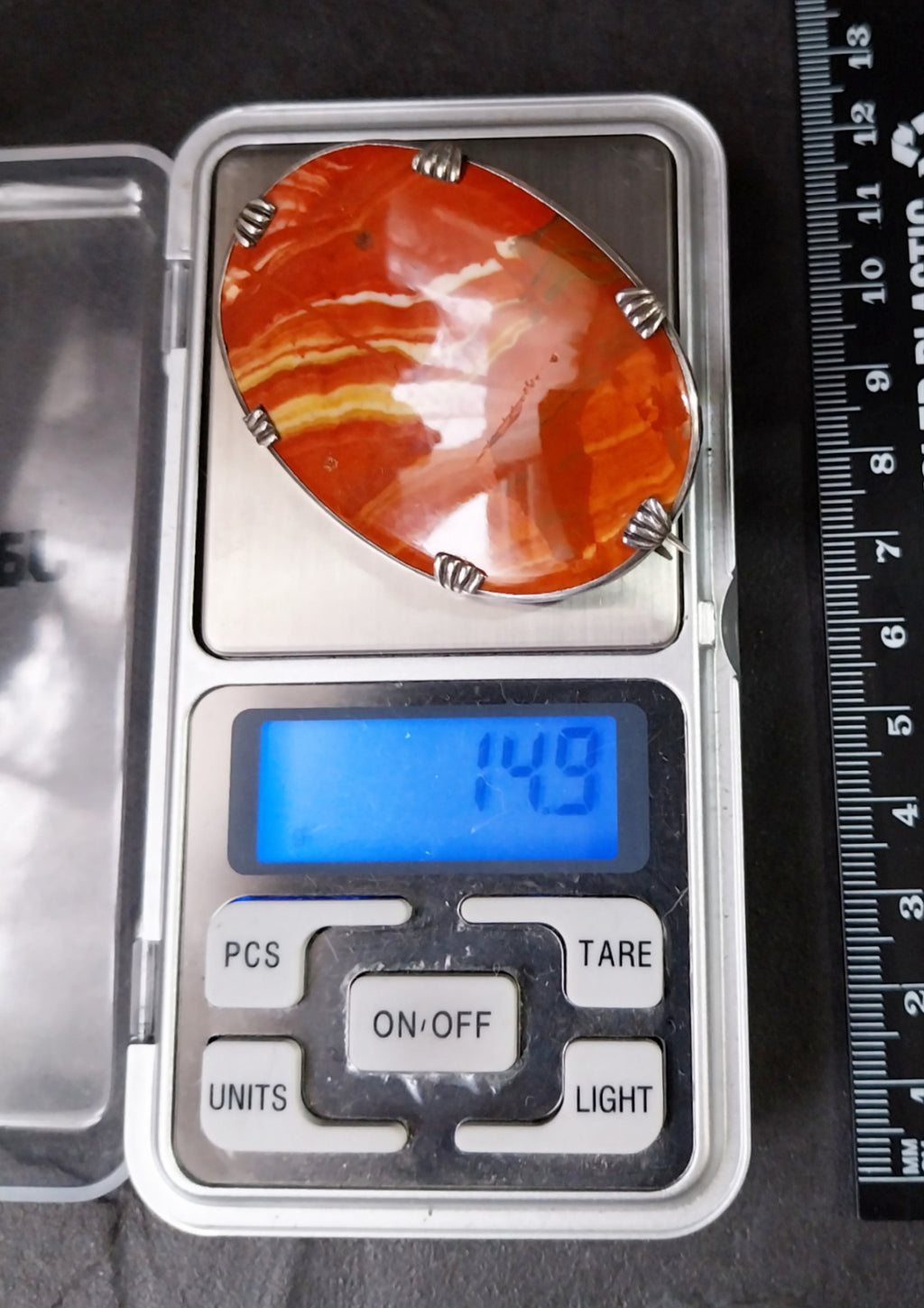 Large Antique Silver Bright Orange Landscape Agate Brooch - 14.9g