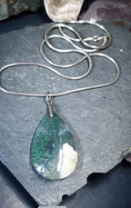Large Moss Agate Teardrop Pendant Necklace on 20" Chain - 21.2g
