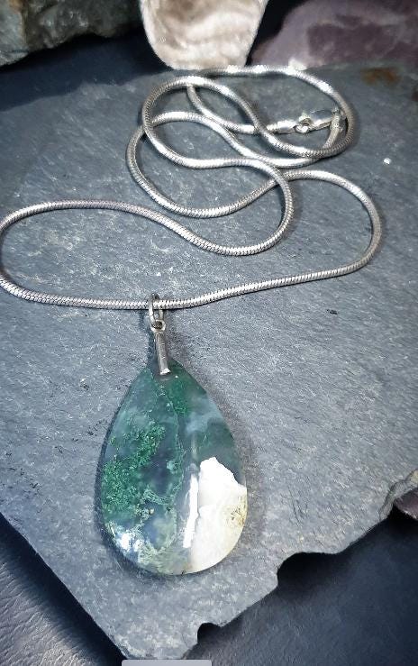 Large Moss Agate Teardrop Pendant Necklace on 20" Chain - 21.2g