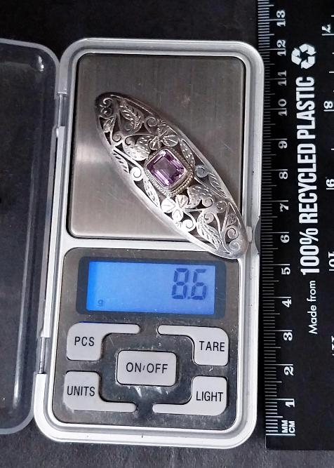 Vintage Sterling Silver BROOCH - Amethyst and shamrocks - 8.6g