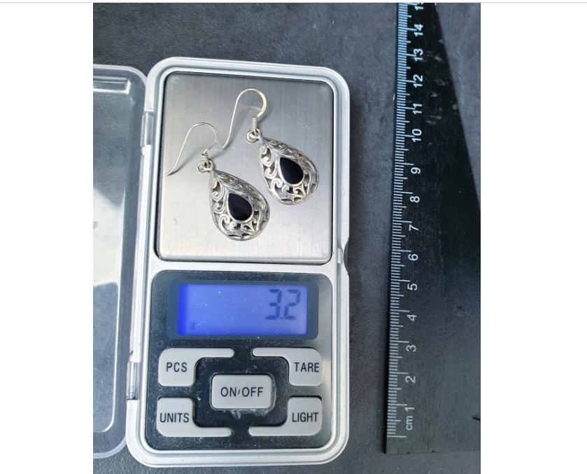 Sterling Silver Dangle Earrings - with Black Onyx Stone - 3.2g